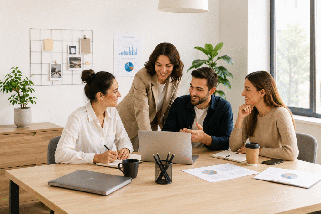 Social media marketing team discussing campaign strategy and analytics during a collaborative meeting in a modern office workspace.