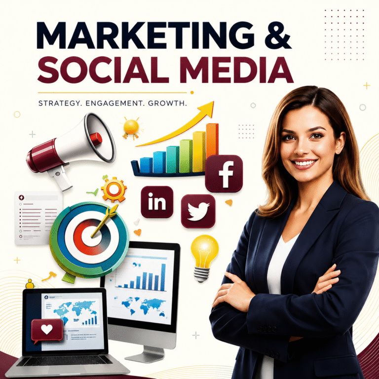Professional social media marketing illustration featuring analytics, branding, engagement, growth charts, and digital strategy.