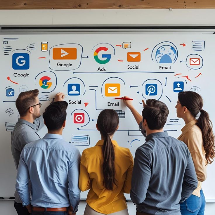 Social medial marketing team planning Google Ads, social media, and email marketing strategies on a collaborative whiteboard.