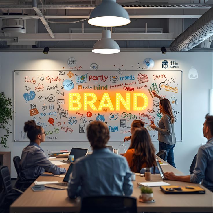Branding strategy team collaborating in a creative workshop to build brand identity, messaging, and marketing strategies for business growth.